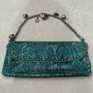 KATHY VAN ZEELAND Faux Snakeskin Wallet Wristlet Purse with Ornate Chain - blue